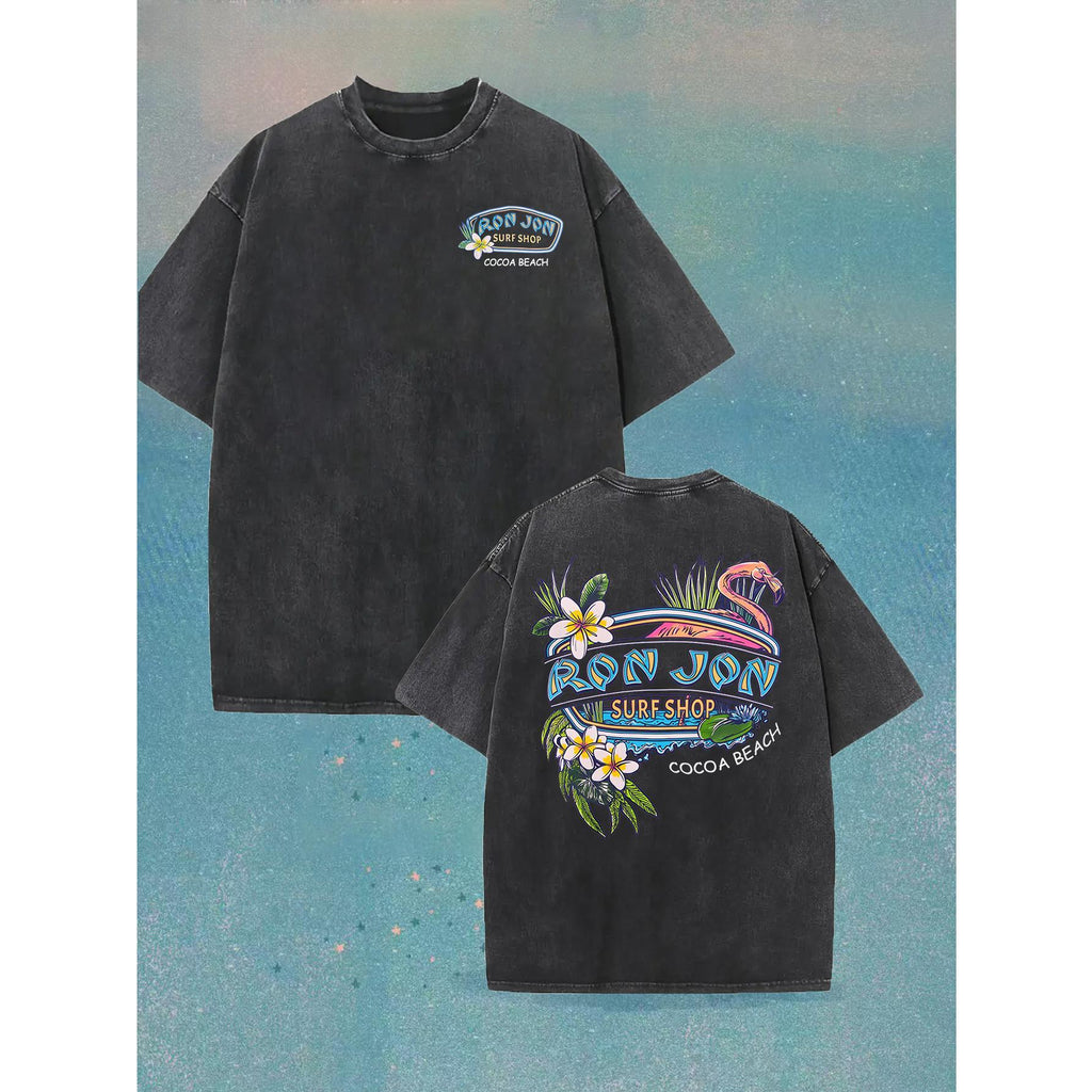 Men’s Vintage Washed Flamingo T-Shirt – Double-Sided Beach Carnival Graphic Tee, Soft Cotton Short Sleeve Shirt