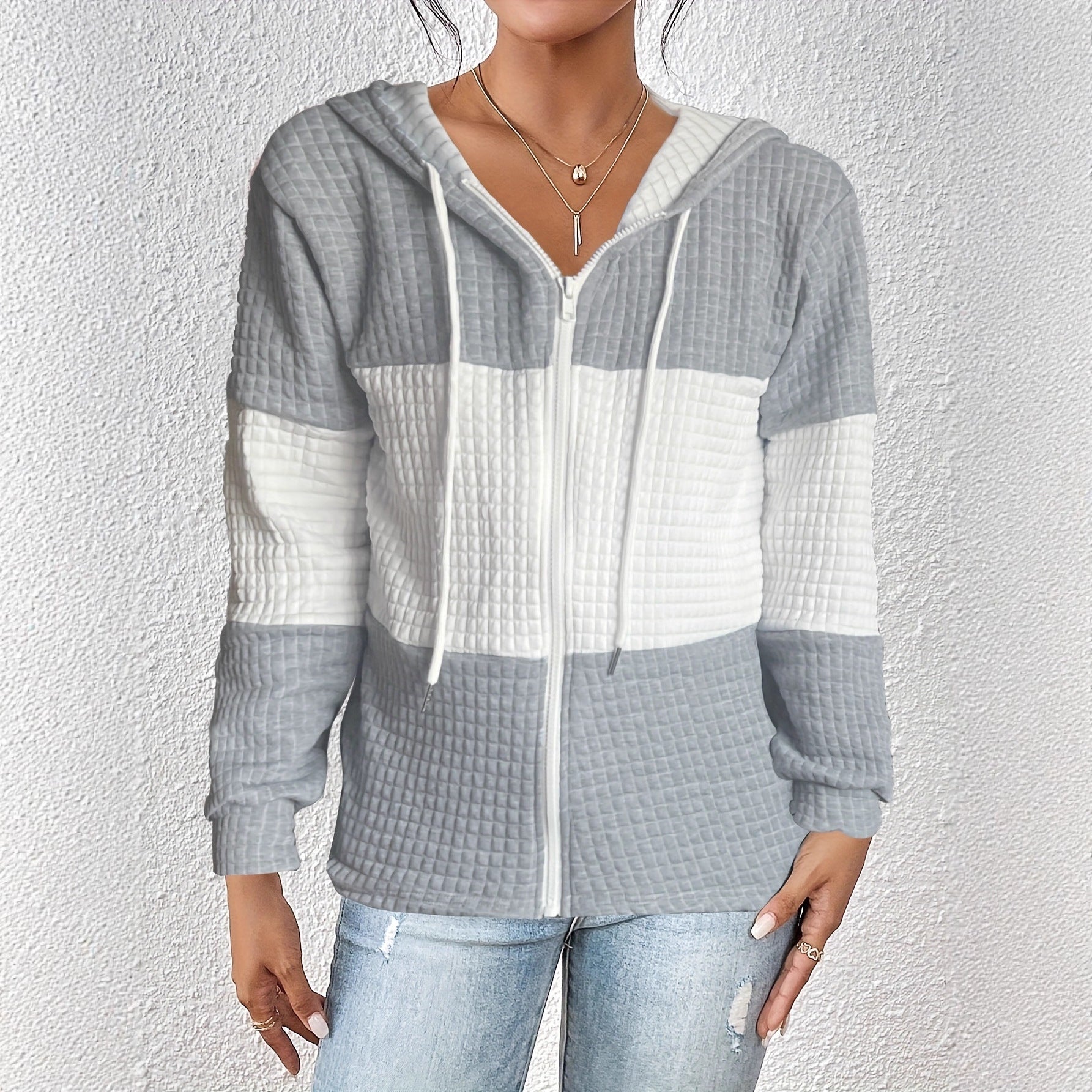 Autumn Winter Women Hoodie Contrast Color Plaid Long Sleeve Casual Hoodies
