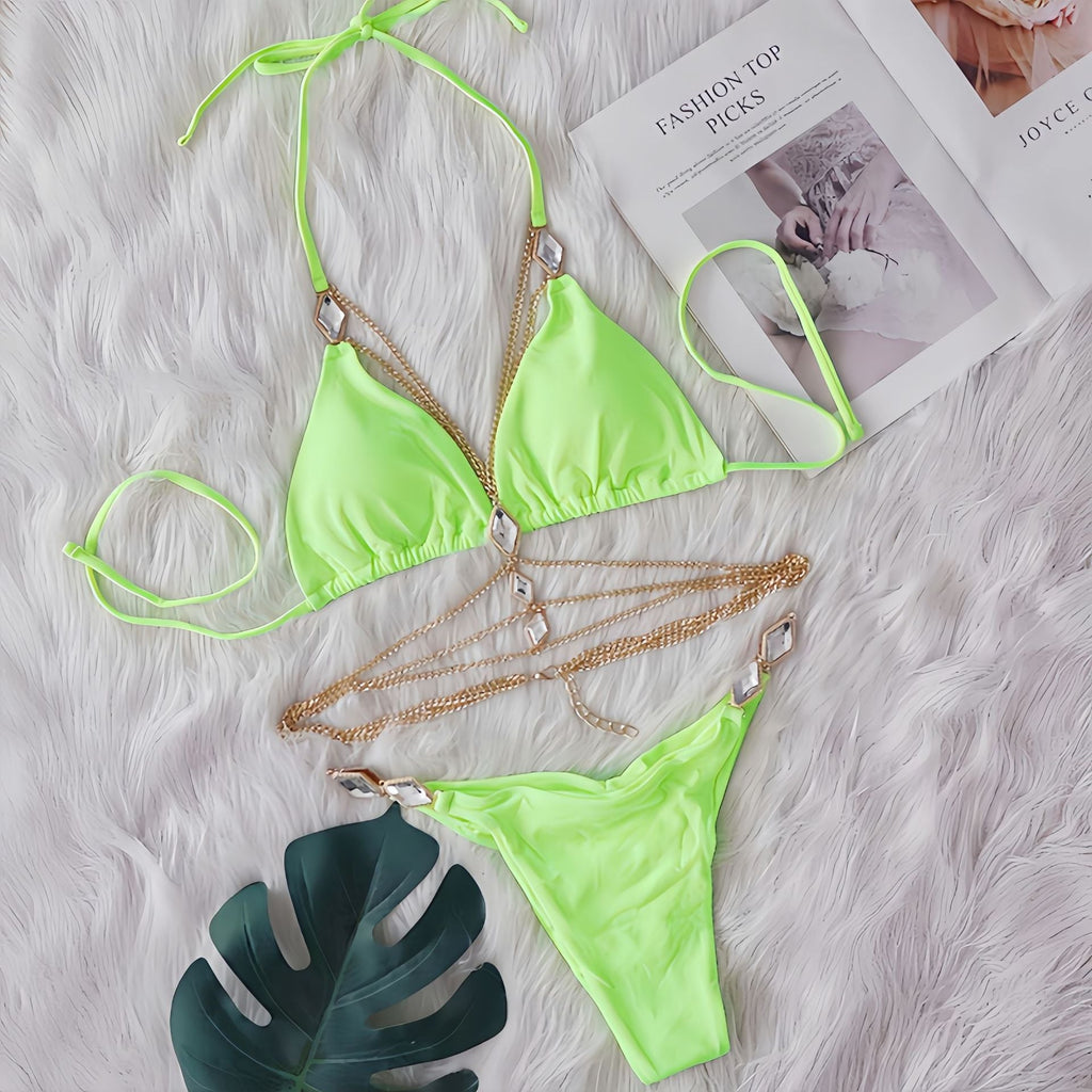 Sexy Bikini Crystal Diamond Body Cha Decorative Swimsuit Strap Split Beach Swimsuit