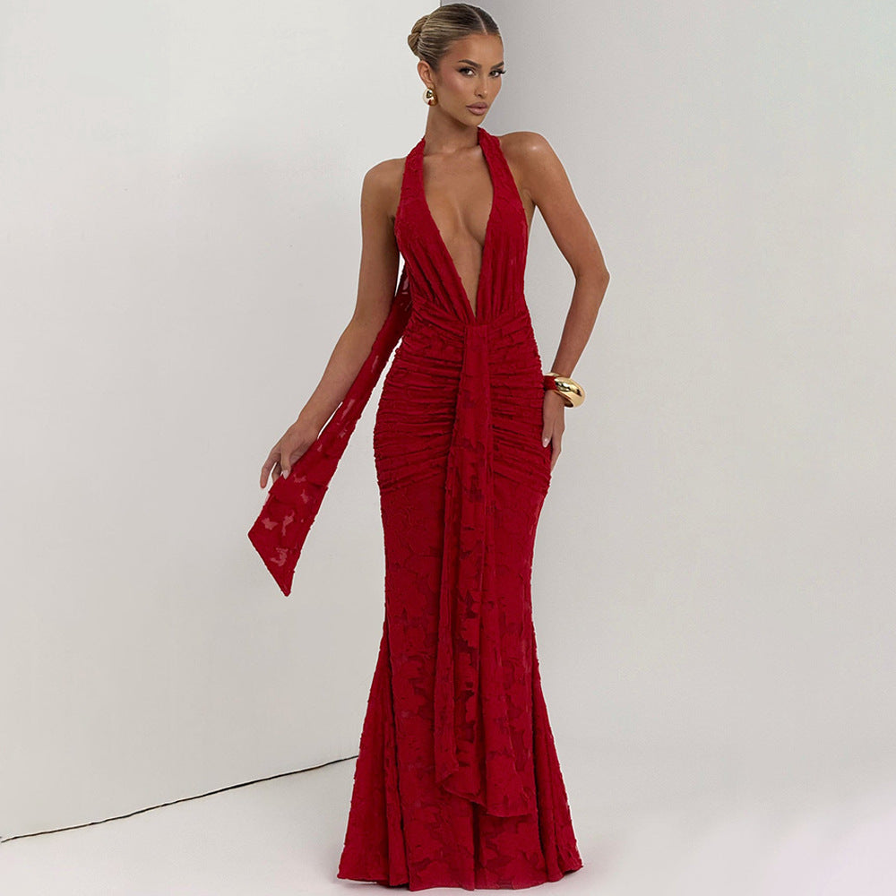 Lace Pleated Maxi Dress Women Sexy Deep V Plunge neck Backless Sheath Dress