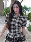Korean Sweet Girl Preppy Plaid Puff Sleeve Shirt Irregular Asymmetric Hem Waist Slimming Single Breasted Cardigan Top Skirt Sets