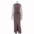 Vest Jacket Hip Skirt Set V neck Sleeveless Top Split Skirt Office Two Piece Set