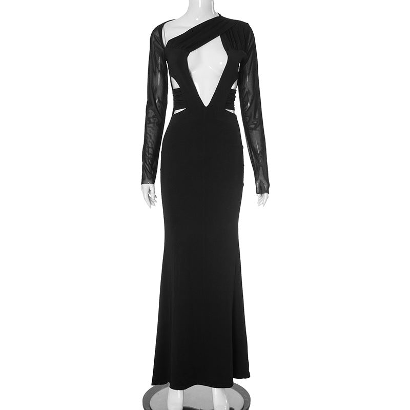 Women Clothing Fall Mesh Stitching Long Sleeves Sexy Cutout Waist Slimming Maxi Dress