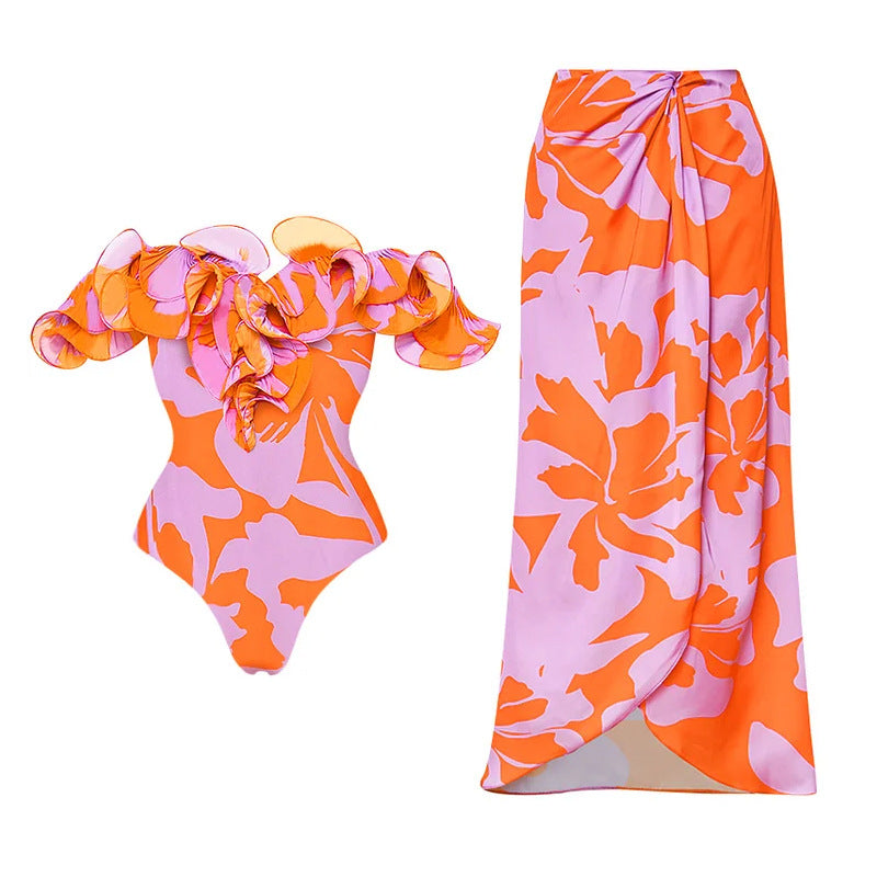 Wooden Ear One Piece Swimsuit Women Vacation Suit Skirt Swimsuit