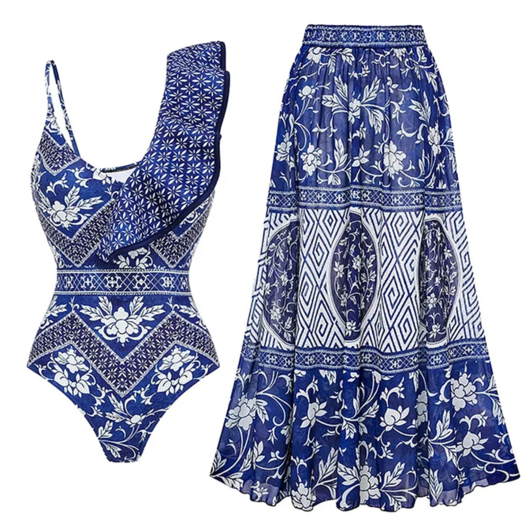 One Shoulder Ruffled One Piece Swimsuit Women Sexy Backless Print Swimwear Swimsuit
