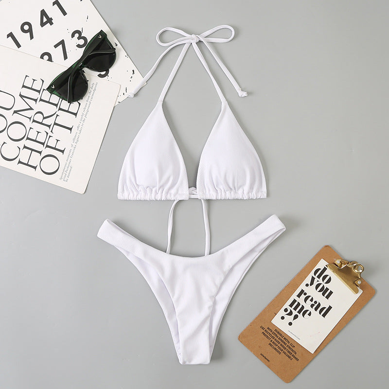 Women Split Sexy Double Sided Triangle Lace Up Bikini Beach Swimwear