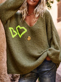 Autumn Winter Love Pattern V neck Sweater Women Casual Loose Long Sleeve Pullover Sweater