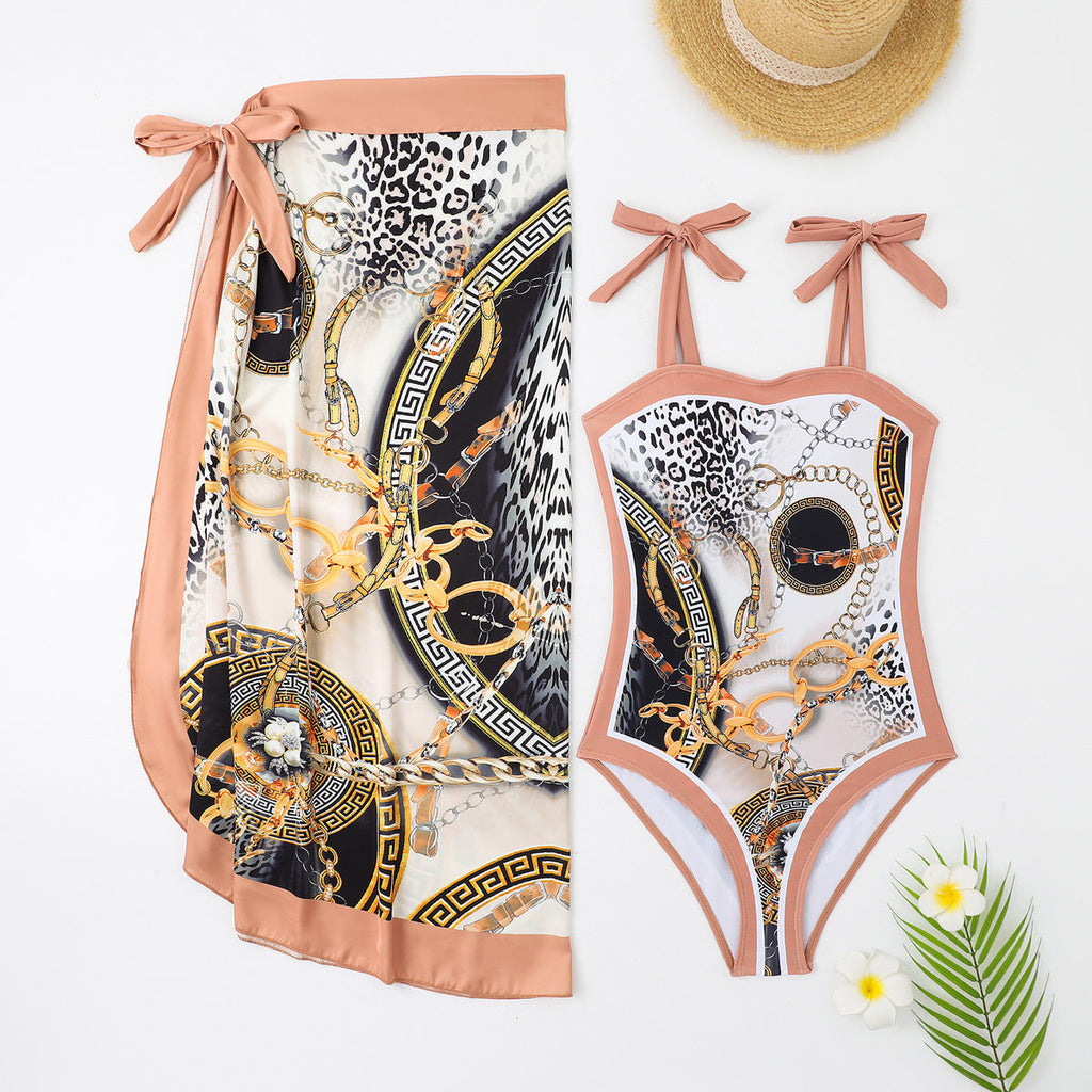 Two Piece Set Swimsuit Multi Color Printed Mesh Maxi Dress Conservative Women Swimsuit
