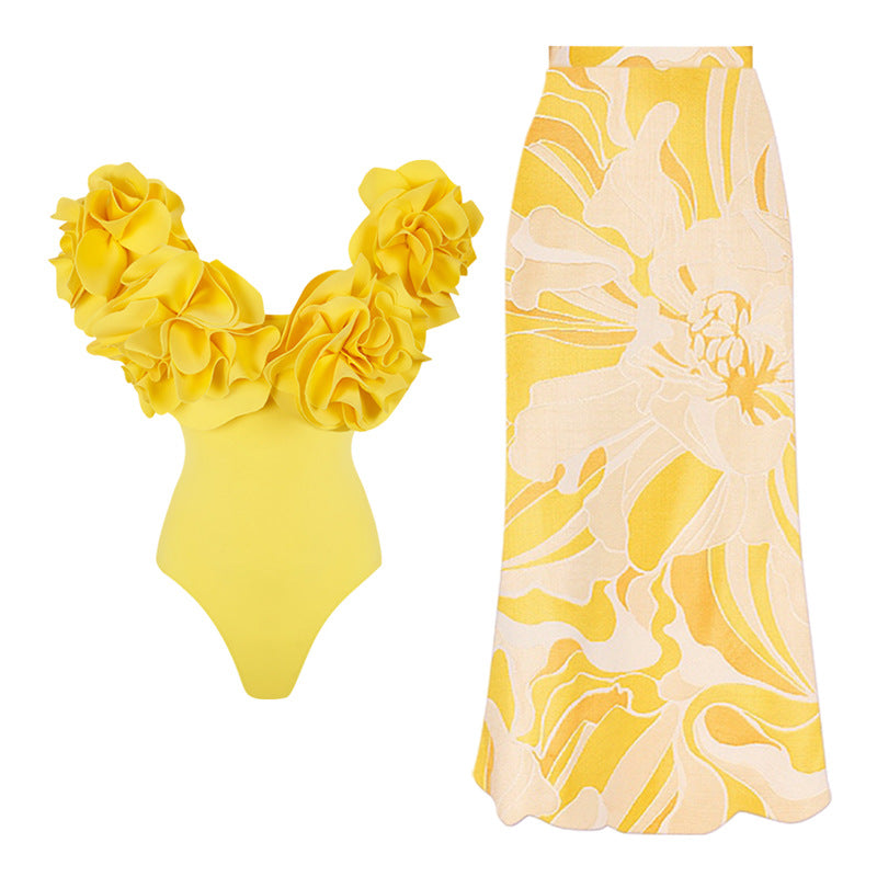 Three Dimensional Floral One Piece Swimsuit Women Beach Vacation Suit Skirt Swimsuit