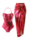 Conservative Swimsuit Digital Printed Belly Covered Halter Gauze Swimsuit for Women