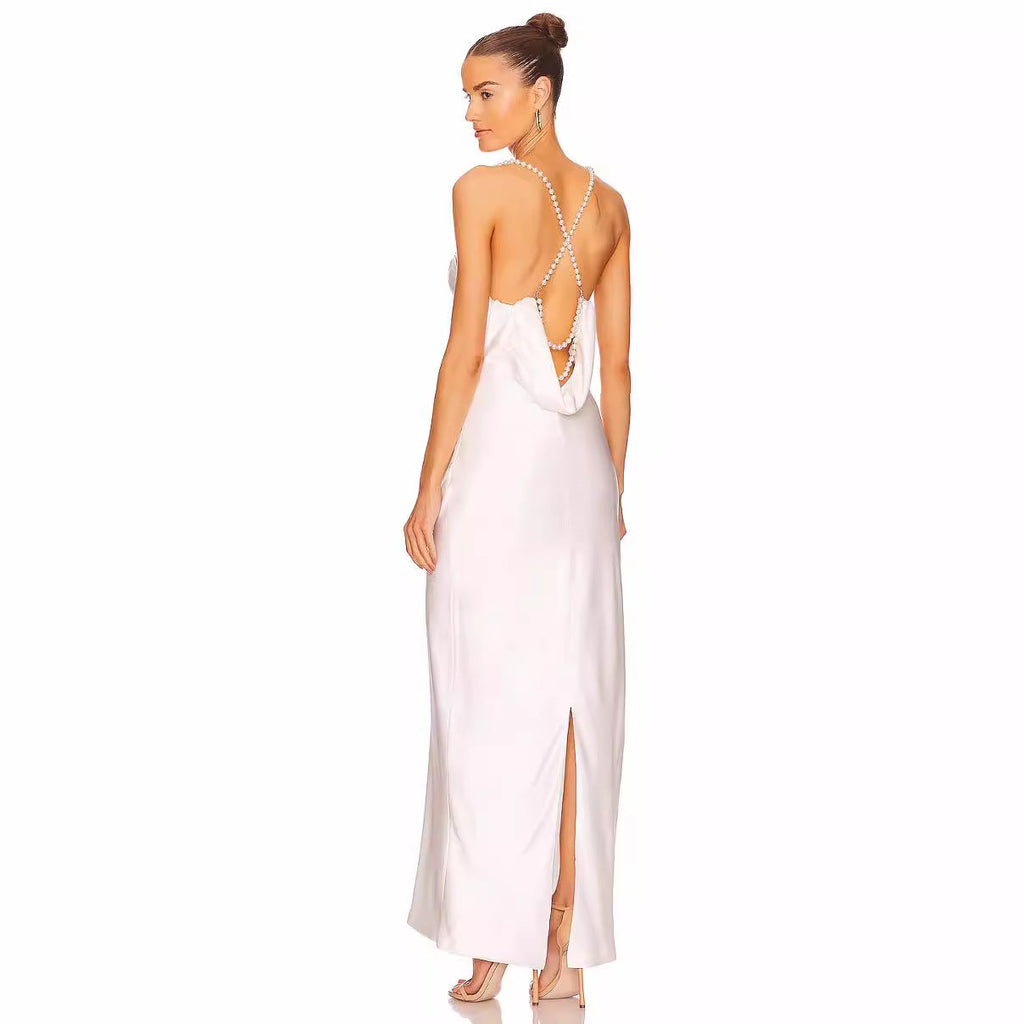 French White Bead Necklace Evening Dress Silk Satin Texture Women Sexy Backless Elegant Party Dress