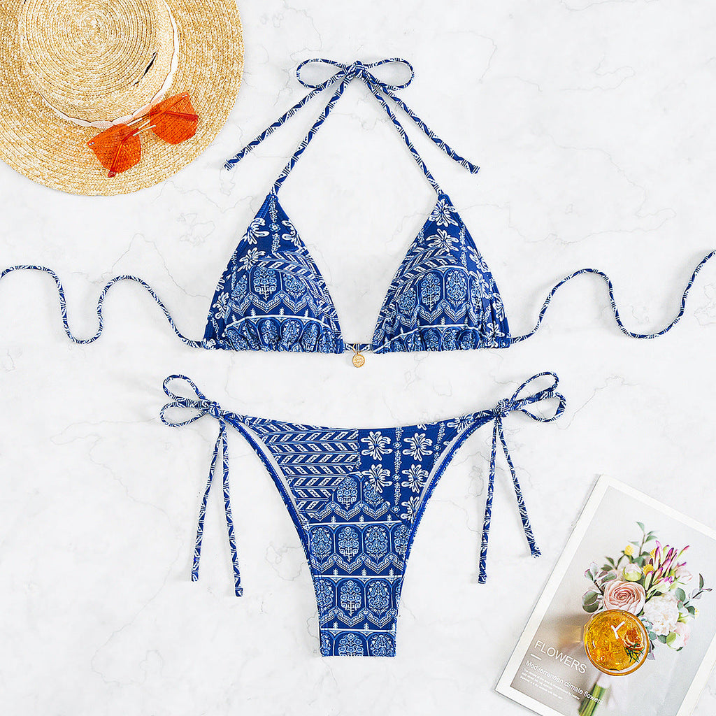 Bikini Printing Lace Up Sexy Bikini Split Swimsuit Swimwear Women