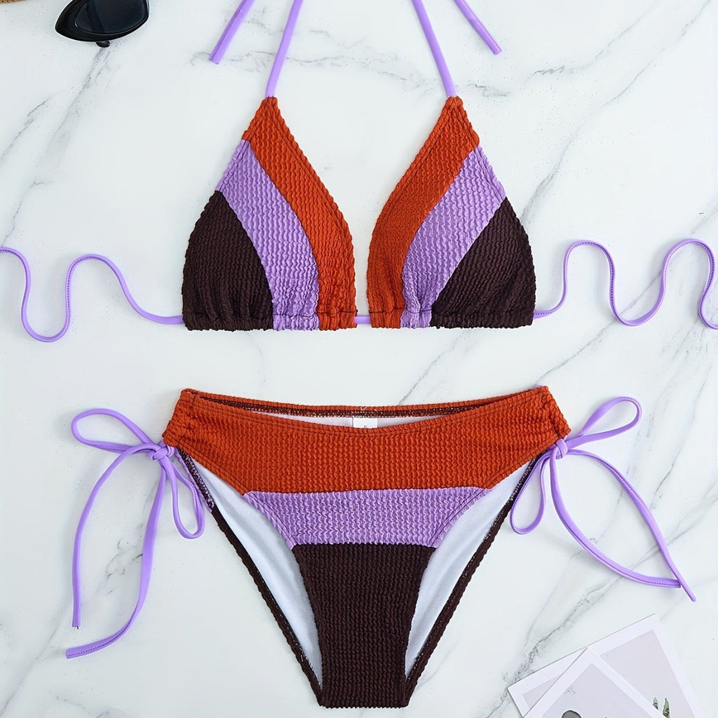 Women Seperated Swimwear Bikini Color Matching Drawstring Backless Sexy Swimsuit Bikini