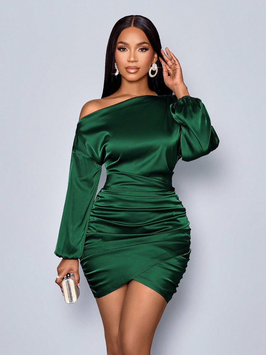 Women Autumn Oblique Shoulder Long Sleeve Satin Dress Sexy Dress