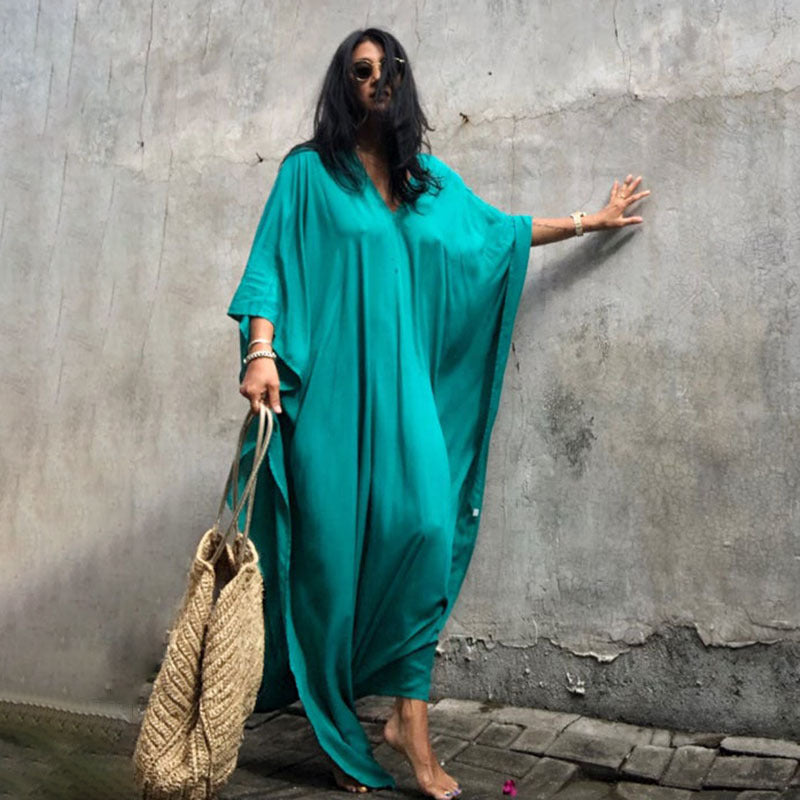 Rayon Solid Color Blouse Seaside Vacation Dress Loose Overclothes Bikini Swimsuit Robe Outer Wear Women