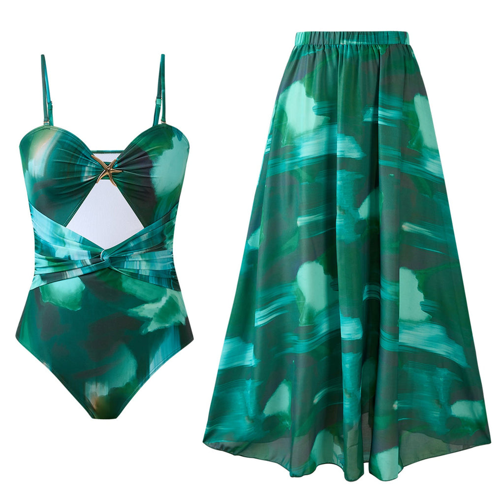 One Piece Swimsuit Women Printed Sexy Two Piece Sets Swimwear Chiffon round Skirt