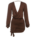 Spring Women Clothing Sexy Deep V Plunge neck Backless Solid Color Ruffle Hip Dress Women