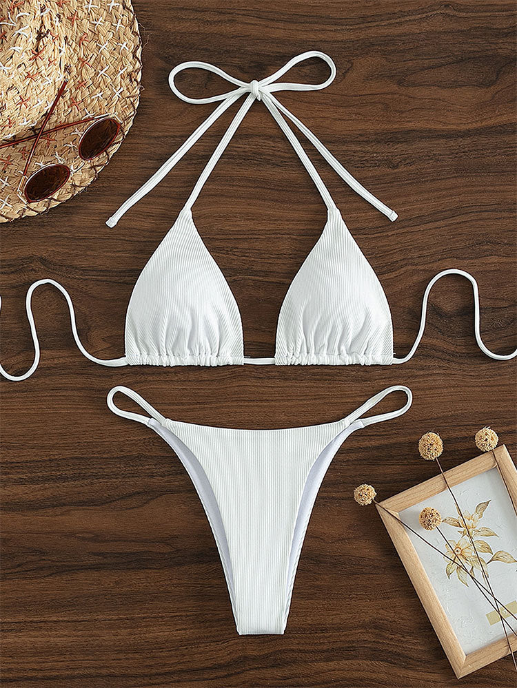 Printing Halter Spaghetti Straps Sexy Bikini Pleated Lace up Triangle Spring Split Swimsuit