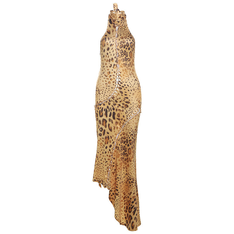 Summer Sexy Backless Slim Fit Strap Halter Irregular Asymmetric Leopard Print Dress Women