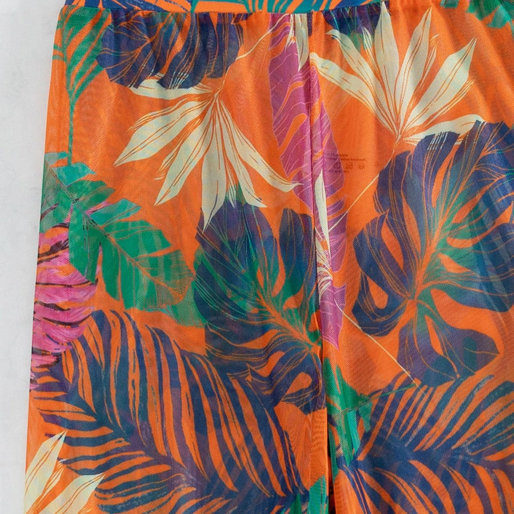 Plant Print Spaghetti Strap Buckle Tube Top High Cut Briefs Trousers Split Three Piece Bikini