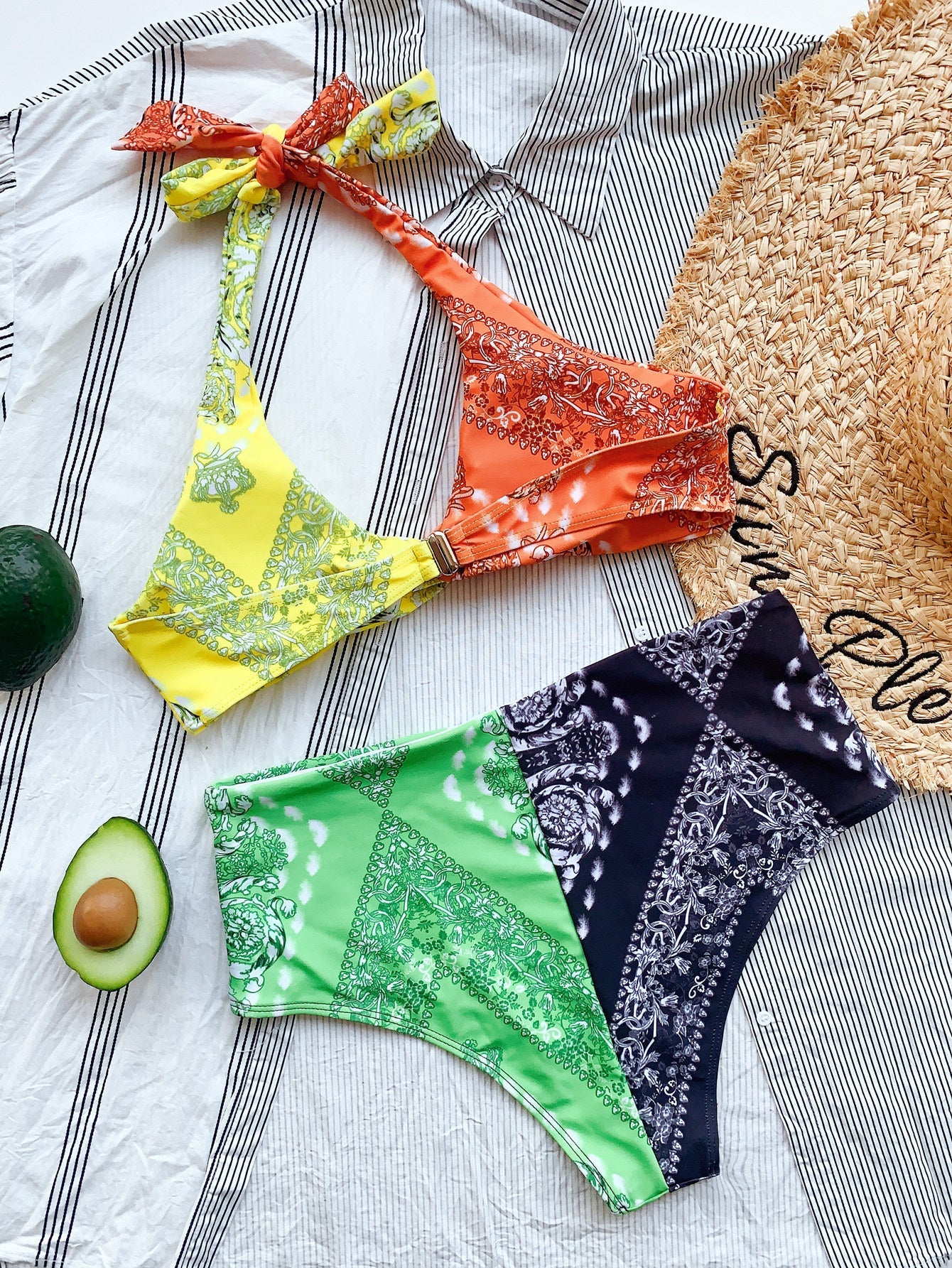 Bikini Double Bikini Print Stitching Swimsuit Swimsuit Strap Knotted Swimsuit Women Bikini