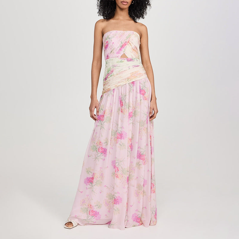 Vacation Sexy Fairy Wrapped Chest Silk Elegant Floral Maxi Dress Summer Beach Dress