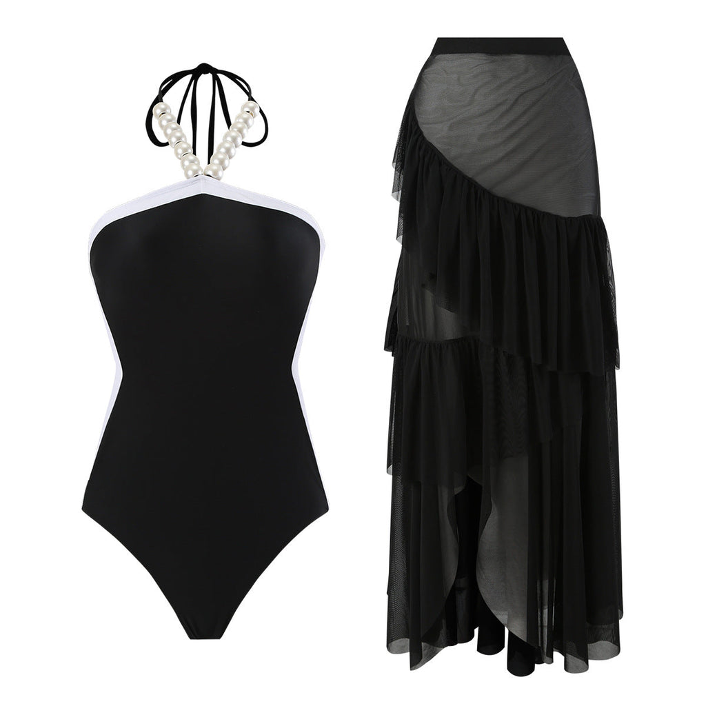 Lonkey Swimsuit Two Piece Solid Color Transparent Mesh Flying Edge Skirt Swimsuit