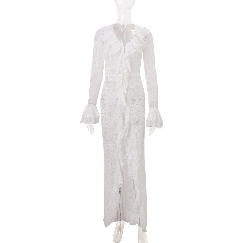 Women Clothing Autumn Sexy Hollow Out Cutout out Solid Color Stringy Selvedge Irregular Asymmetric Bell Sleeve Dress