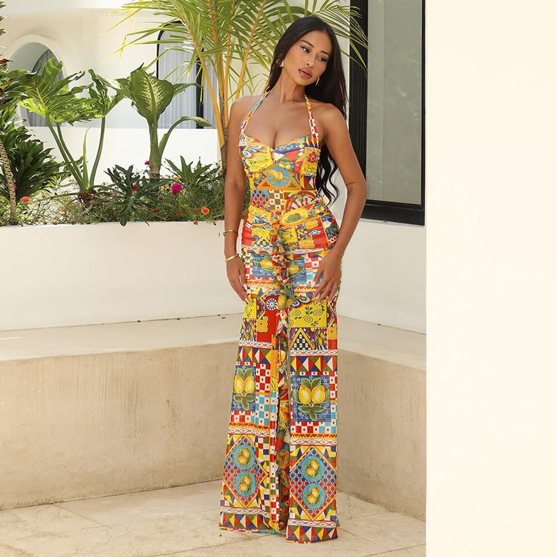 Spring Summer Sexy Printed Mesh Slim V neck Backless Slit Halter Dress