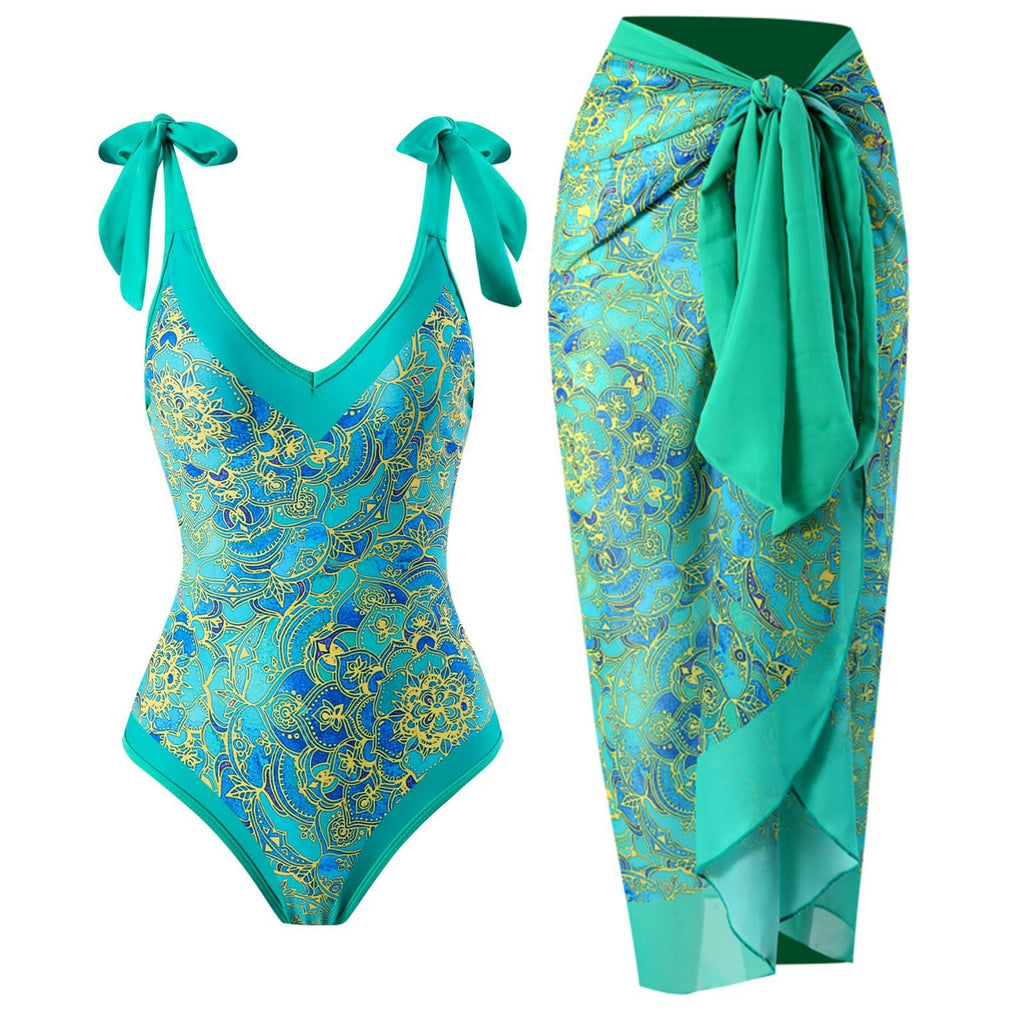 Women Sexy One Piece Swimsuit Women Skinny Slimming Retro Tied Swimsuit Suit Chiffon Dress