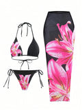 Printed Lace up Sexy High Waist Long Skirt Three Piece Bikini Swimsuit Swimwear Women