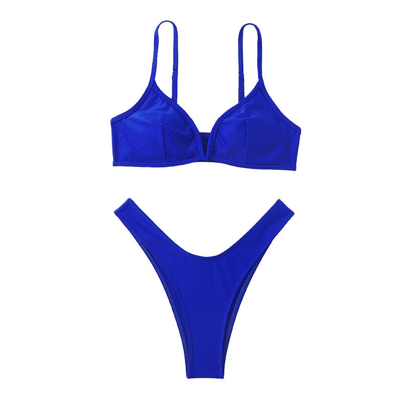 Women Split Swimsuit Solid Color Bikini High Waist Drawstring Swimsuit Summer