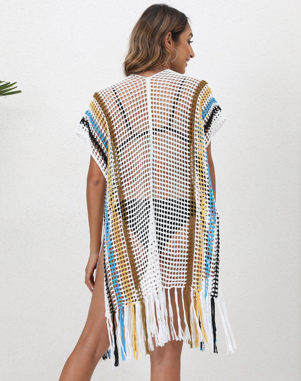 Beach Cover up Women Clothing Loose Woven Shirt Color Contrast Patchwork Tassel Beach Cover Up Cardigan