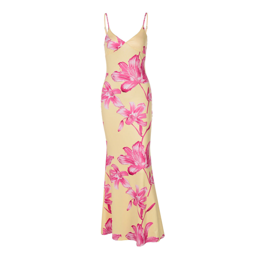 Women Clothing Summer Printed V neck Backless Suspenders Sexy Dress