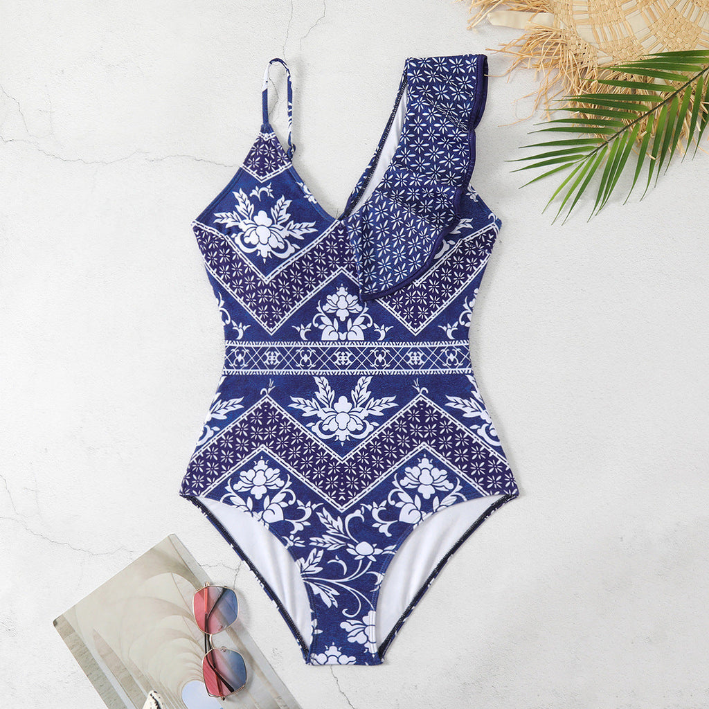 One Shoulder Ruffled One Piece Swimsuit Women Sexy Backless Print Swimwear Swimsuit