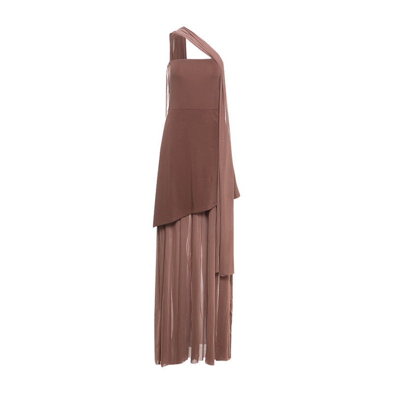Women Spring Clothing Sexy Slim Fit Backless Mesh Stitching Tube Top Dress Scarf Collar