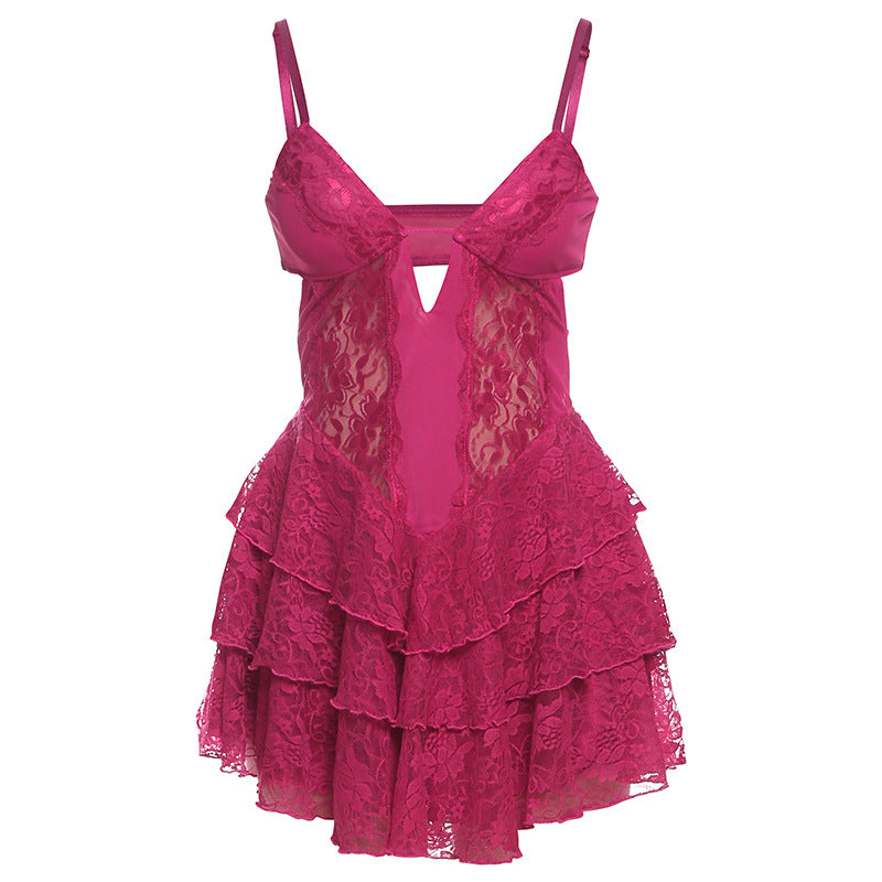 Spring Women Clothing Sexy V neck Lace Mesh Patchwork Backless Strap Dress Women