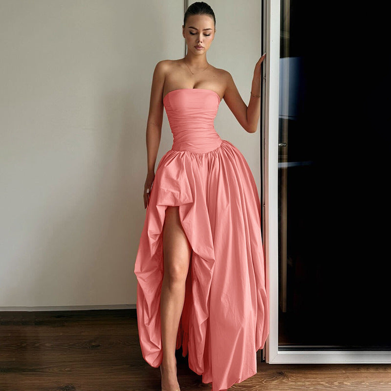 Tube Top Sleeveless Irregular Asymmetric Puffy Hem Dress Summer Slim Dress