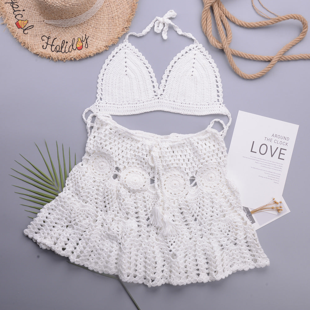 Hollowed out Lotus Bud Short Skirt Split Hand Woven Beach Swimsuit Vacation Two Piece Sets