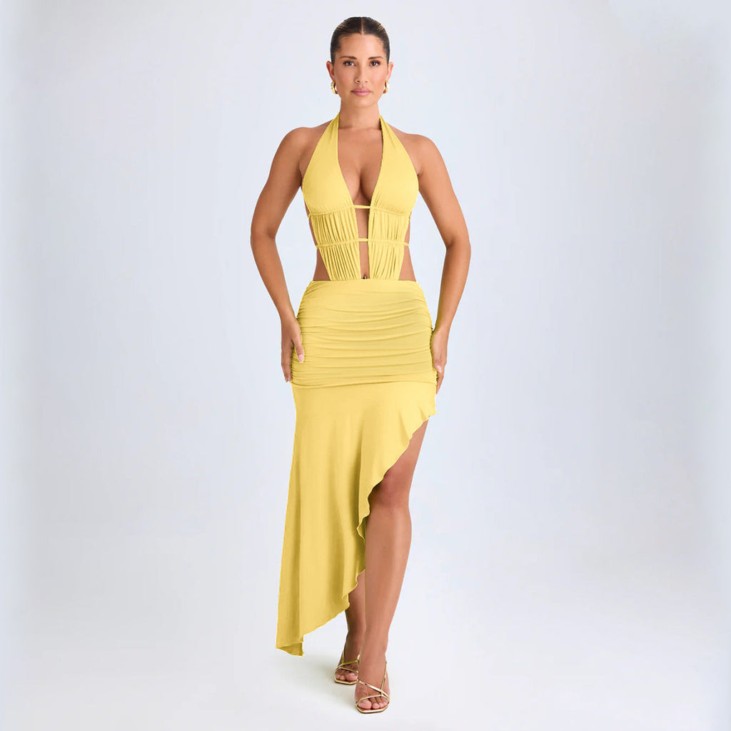 Irregular Asymmetric Women Pleated Tied Dress Autumn Winter Sexy Backless Hollow Out Cutout Hip Dress