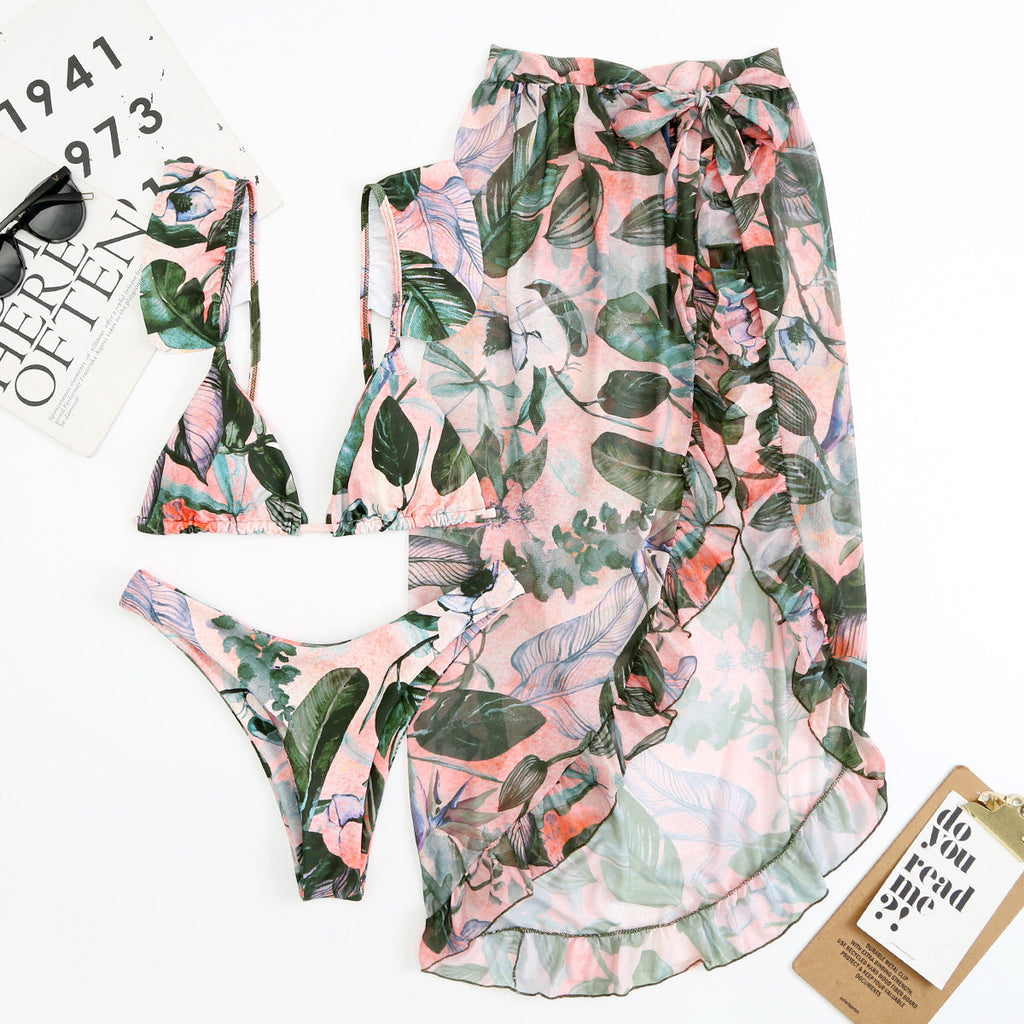Women Printed Split Sexy Double Sided Mesh Triangle Bikini Swimsuit Three Piece Set