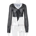 Women Clothing Summer Sexy See through Polka Dot Printed Long Sleeve Elegant Top