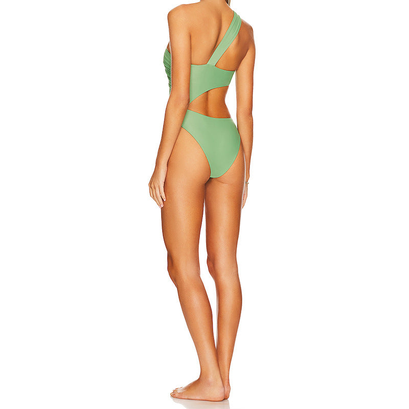 Solid Color One Piece Swimsuit Foreign Single Women Swimsuit Solid Color Diagonal Shoulder Hollow Out Cutout Siamese Bikini