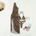 Leopard Print Halter Three Piece Mesh Swimsuit Women Bikini Sun Protection Sexy Swimsuit