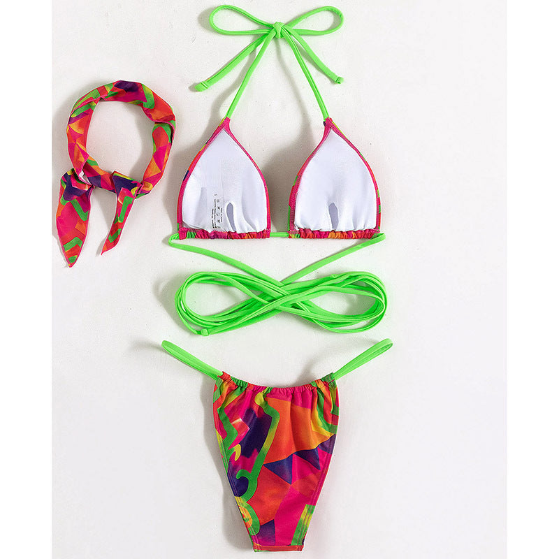 Women Swimsuit Split Swimsuit Lace up Sexy Print Random Headscarf Bikini