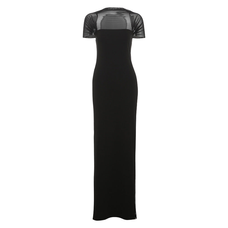 Summer Sexy Tight Waist See through Maxi Dress Elegant Shoulder Baring Solid Color Dress Women Clothing