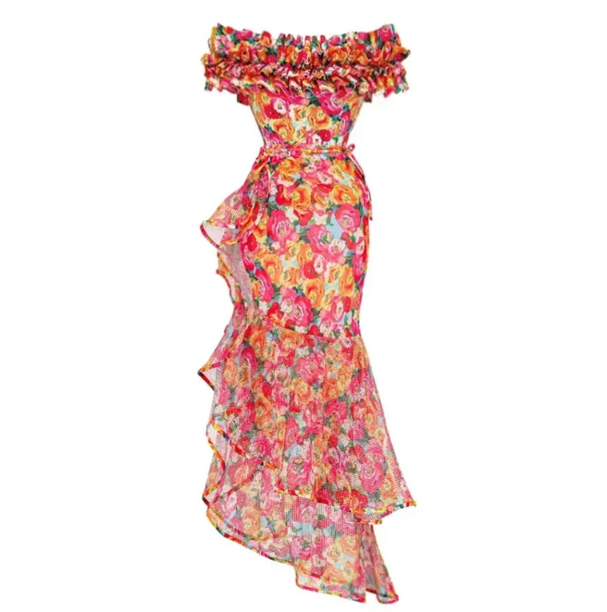Printing French Retro One Piece Women Swimwear Set Cover Belly Slimming Swimsuit Vacation