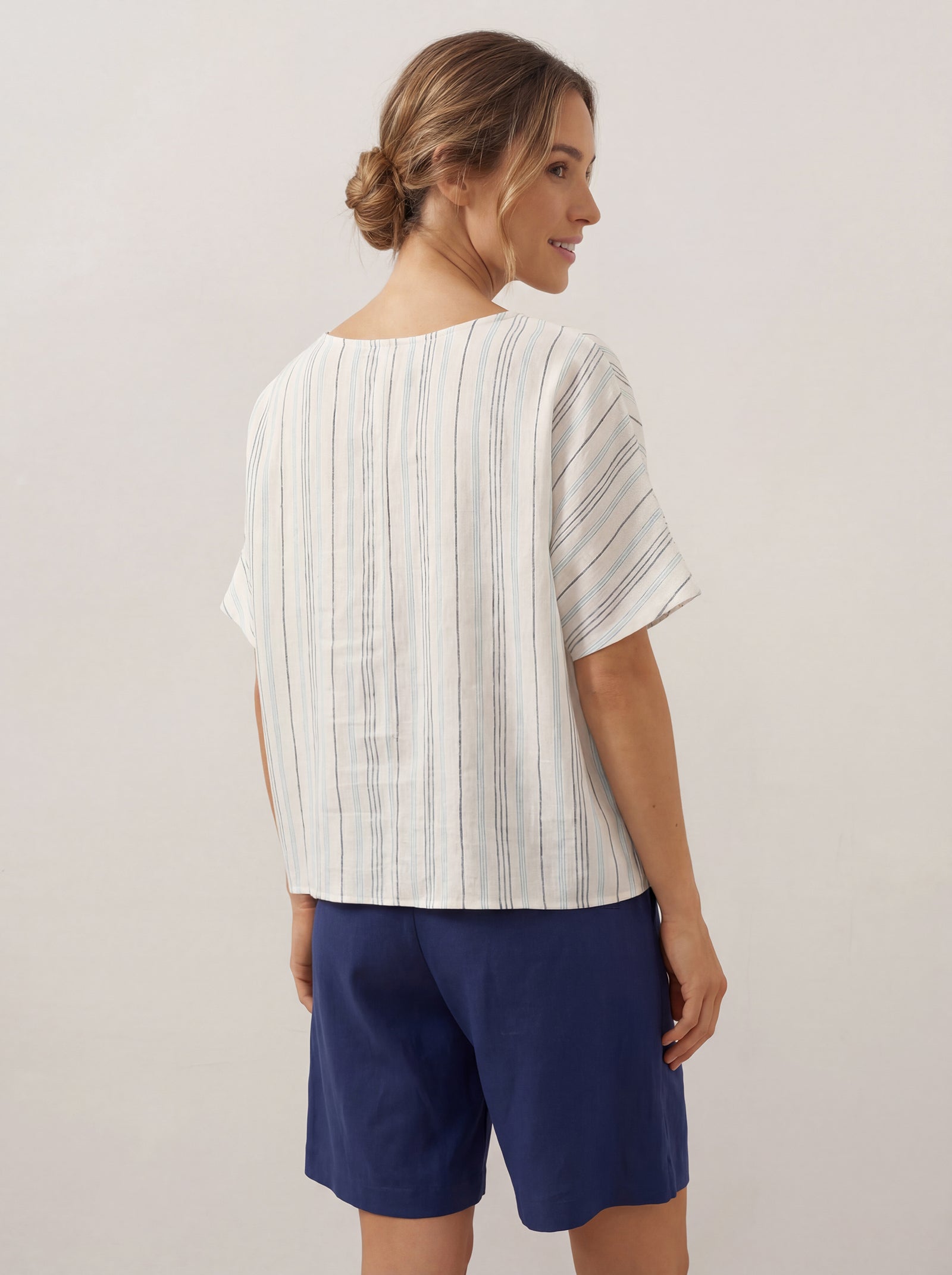 100% Linen Pleated Striped Pullover Top VIA