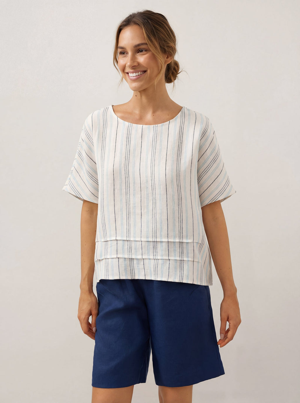 100% Linen Pleated Striped Pullover Top VIA
