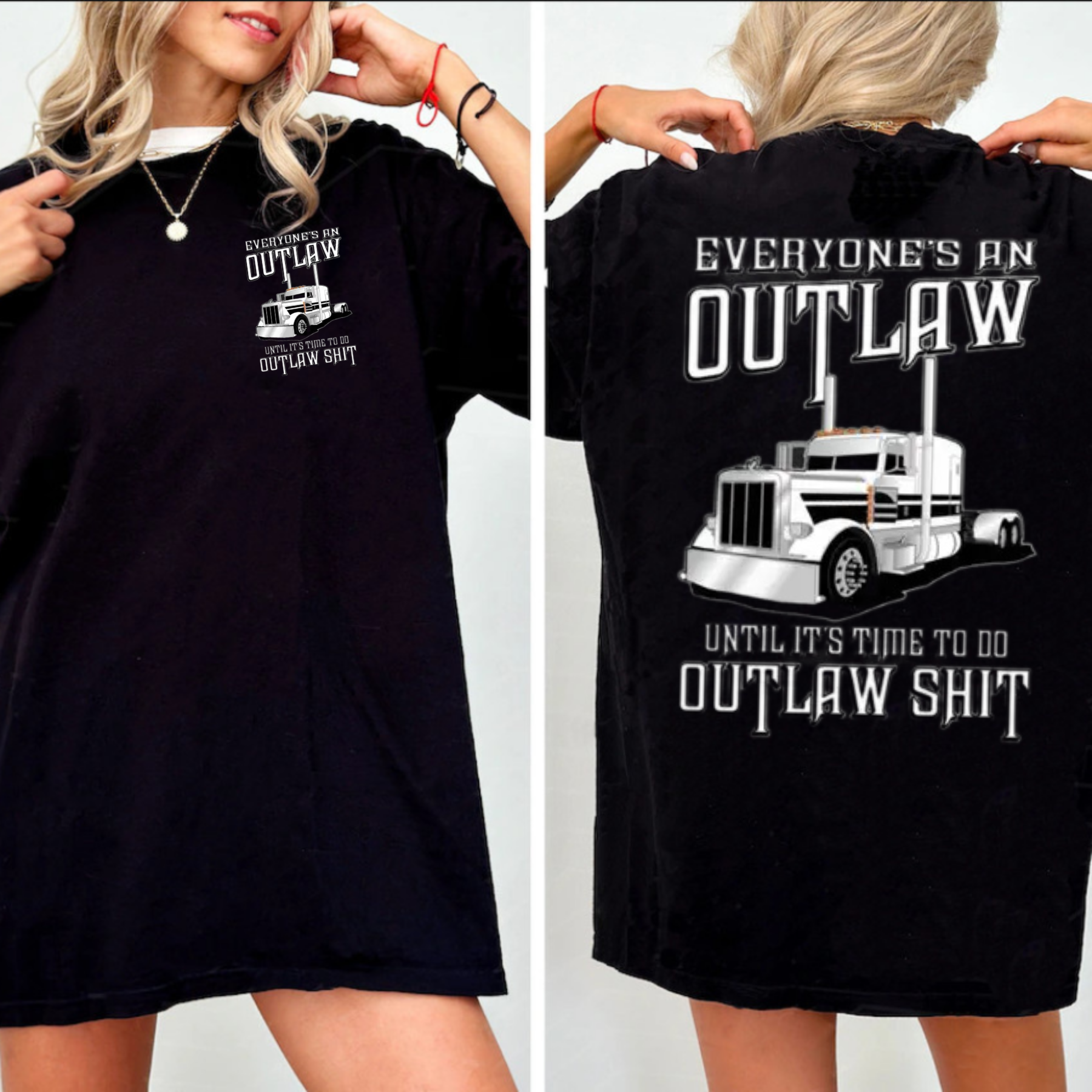 Outlaw Semi Truck T-Shirt – Black Tee with Peterbilt Big Rig Graphic, "Everyone’s an Outlaw..." Quote, Trucker Lifestyle Shirt